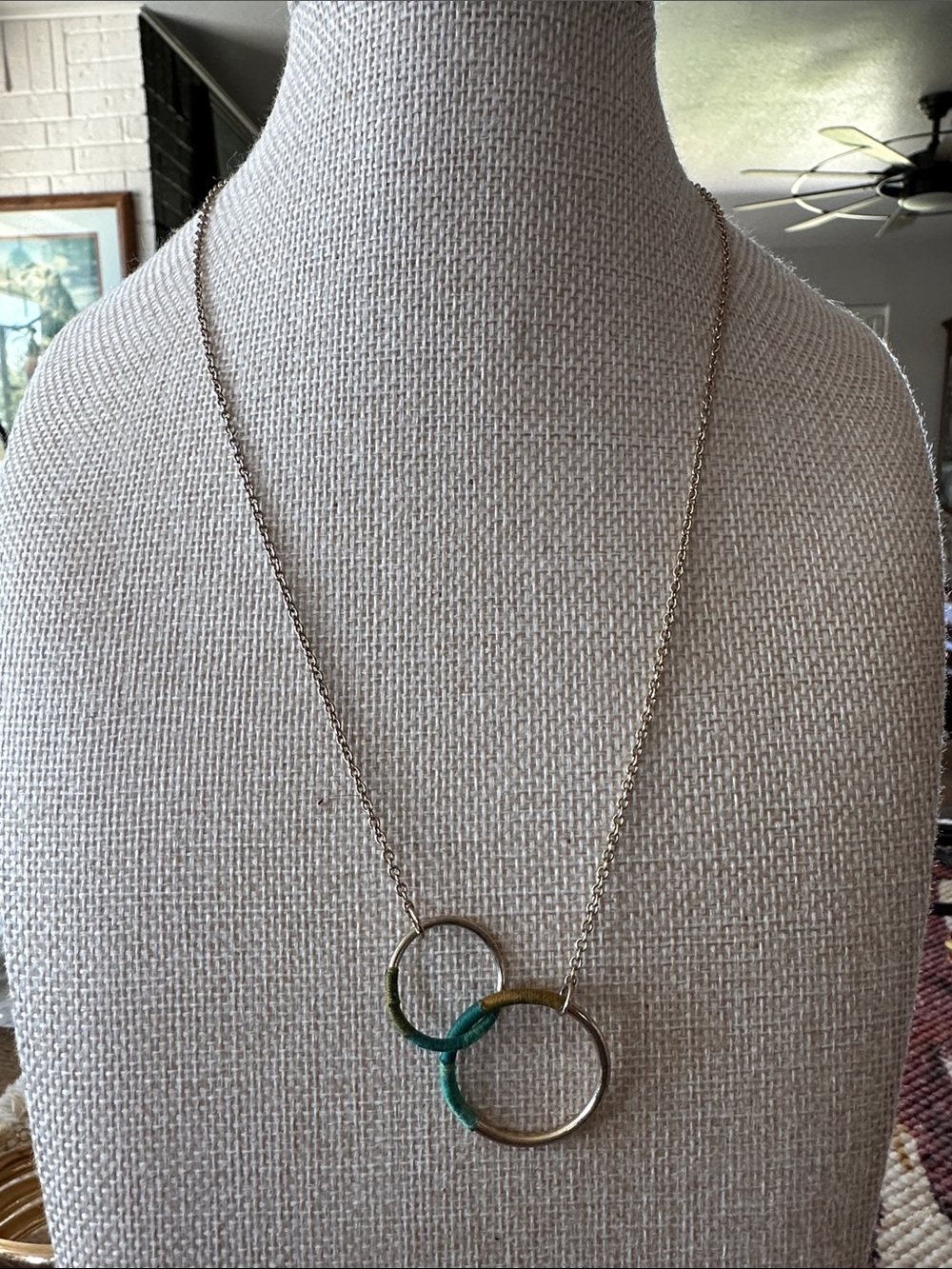 Interlocking Circle Pendant Necklace in Green and Gold Tone